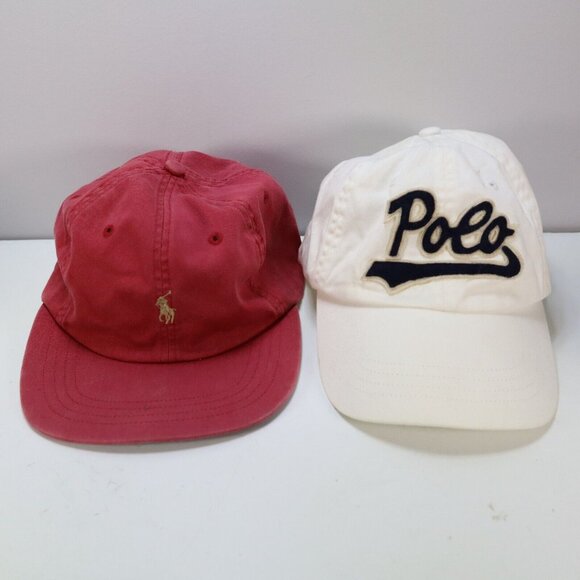 Lot VINTAGE Polo Ralph Lauren Hat Cap Strap Back Red Pony White Script Blue Logo - Picture 1 of 10